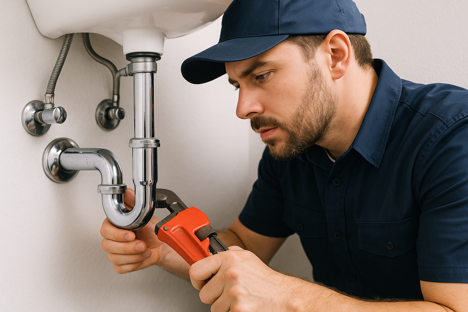 fontanero trabajando en drenaje de lavabo